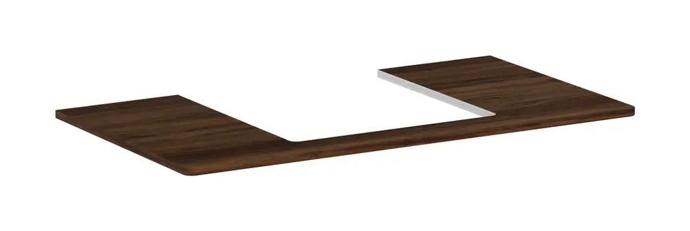 Holztischplatte in Dunkel-Nussbaum mit mittigem Ausschnitt für einen Waschtisch. Das Produkt gehört zur Hansgrohe Xelu-Serie.